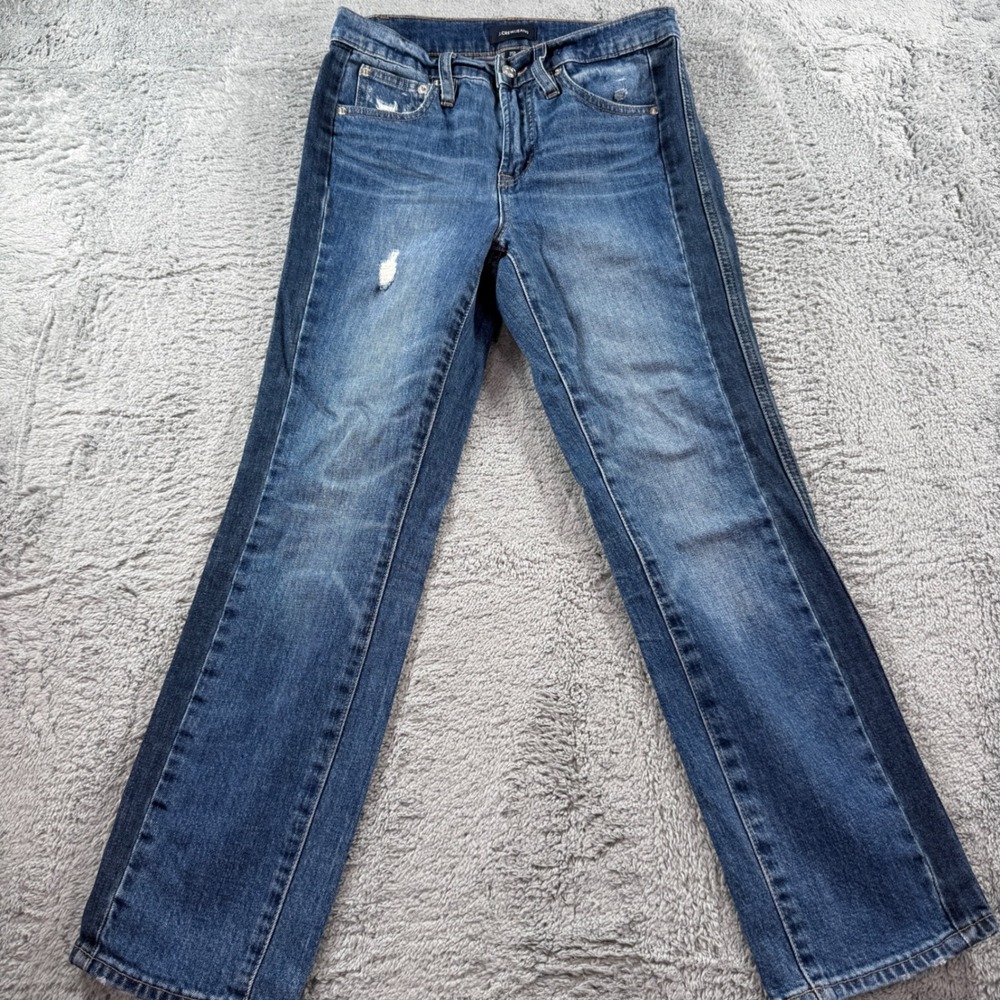 J.Crew Vintage Straight Jeans 25P Medium Wash Tuxedo Stripe Distressed Denim
